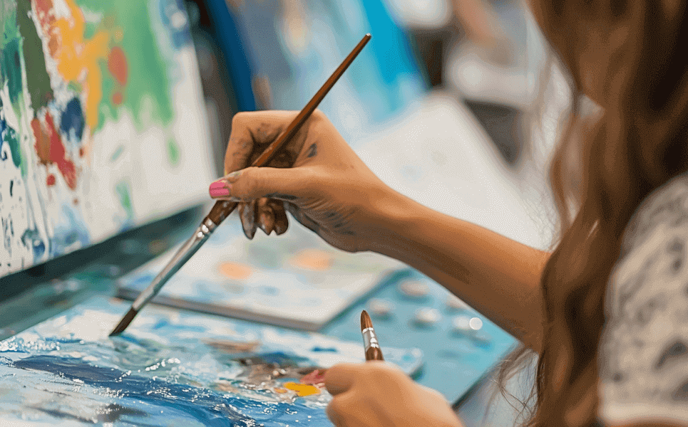 Close-up of a young artist's hands painting vivid details on a canvas, with brushes and abstract artwork in the background