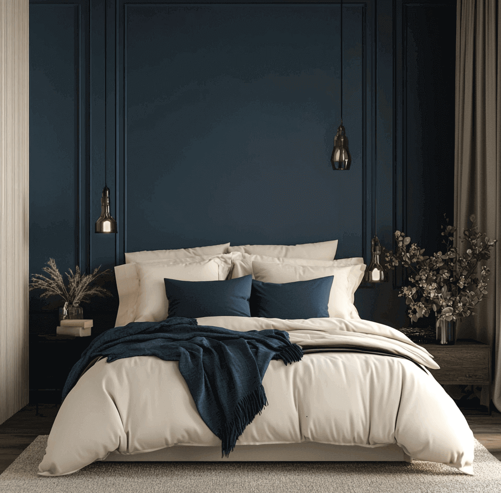 Cosy bedroom with white plush bed, navy blue accents, dark blue wall, hanging lamps and warming plants