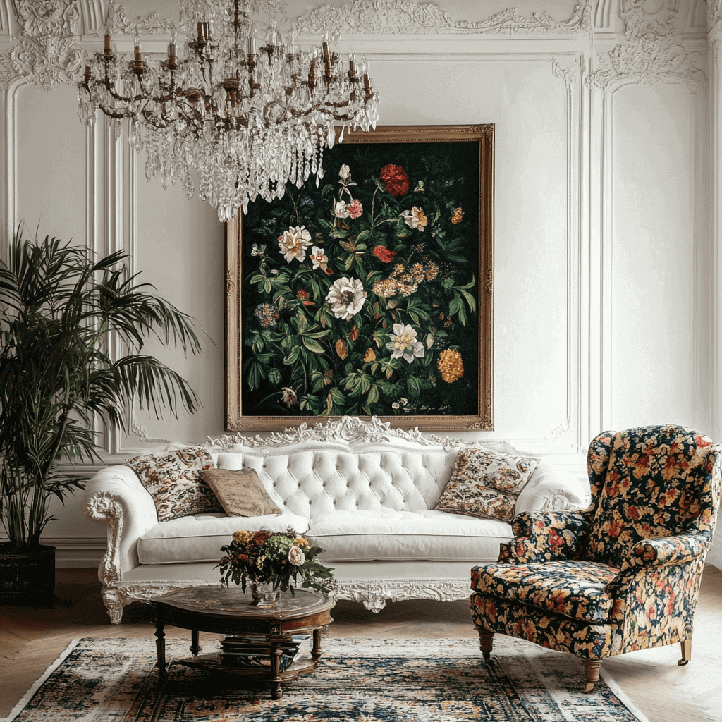 Living room furnished in white, with armchairs, wooden coffee table, pictures, crystal chandeliers and vintage-style plants