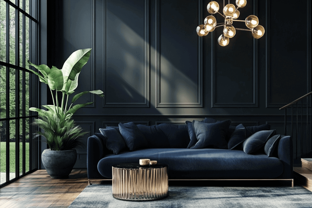 Luxurious, dark living room with navy blue sofa, golden coffee table, large plant and modern chandelier, illuminated by floor-to-ceiling windows