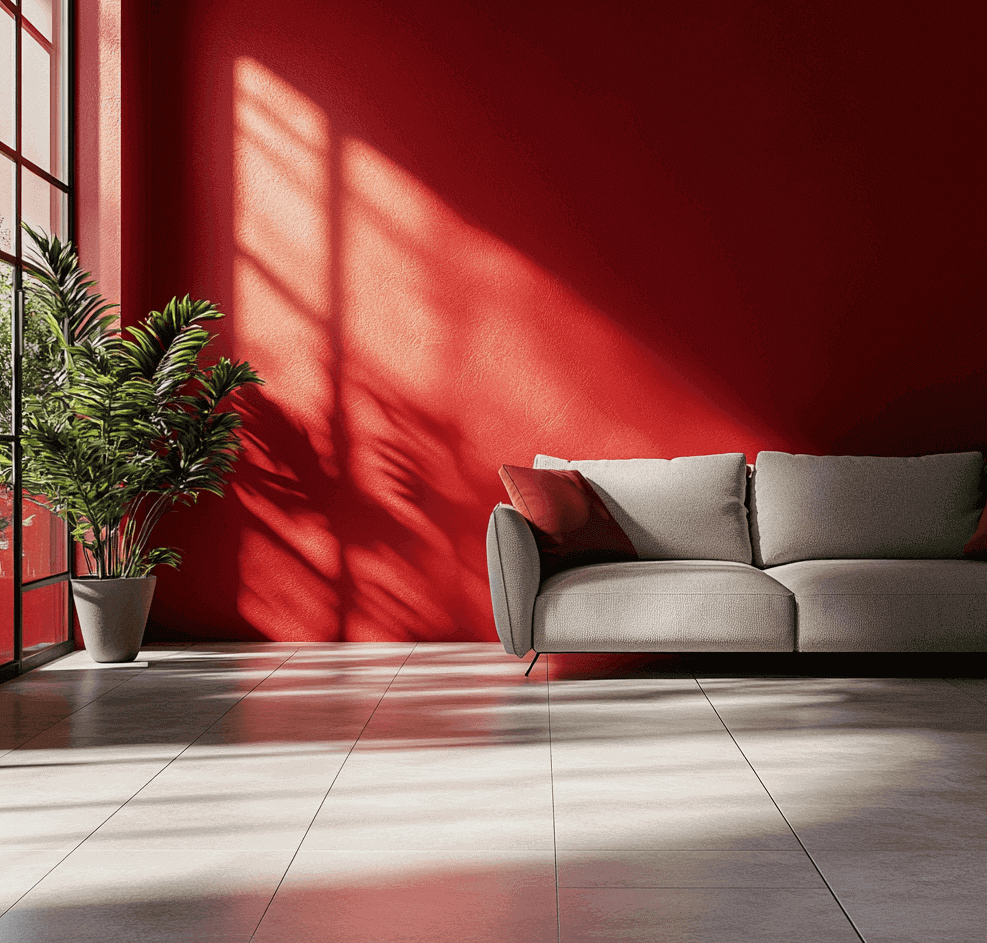 Minimalist living room with a grey sofa, a bold red wall, sunlight and plant shadows