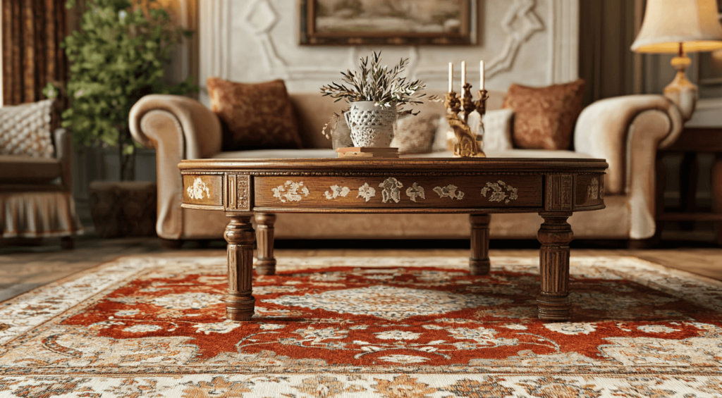 The living room is elegantly furnished with a carved wooden table, a beige sofa with decorative cushions and classic decorations such as candlesticks and a vase