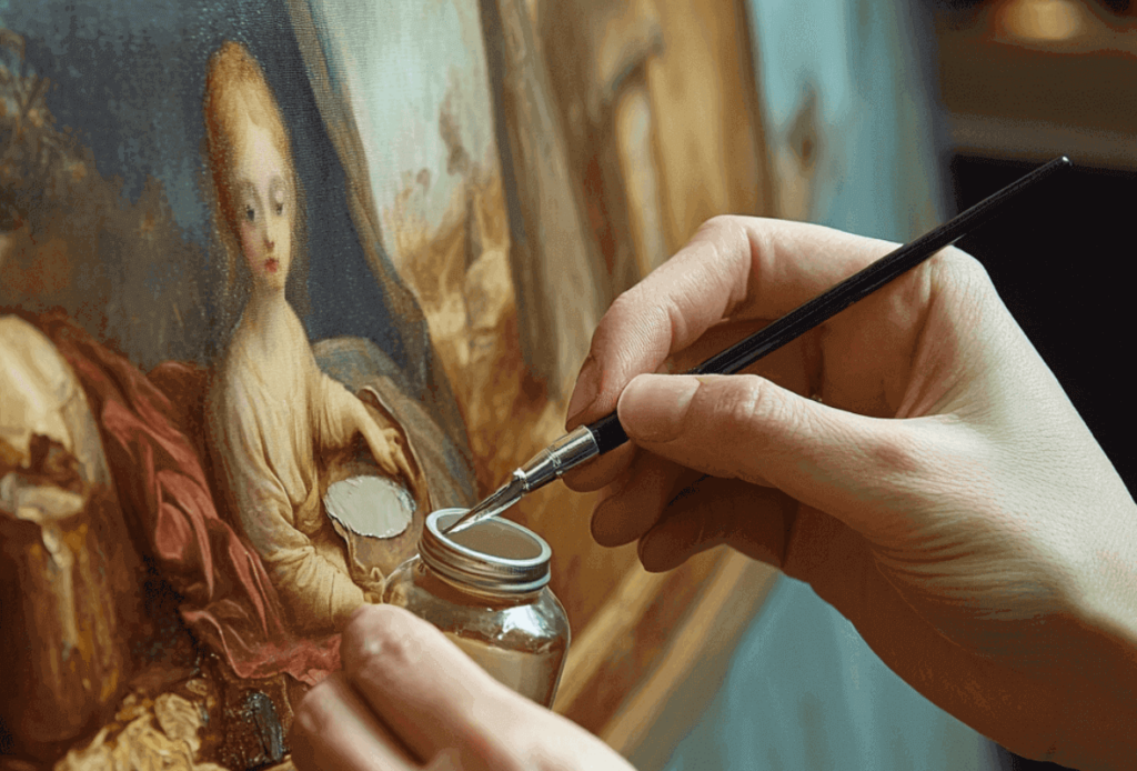 Close-up of a restorer carefully restoring a classical painting with a fine brush and restoration materials