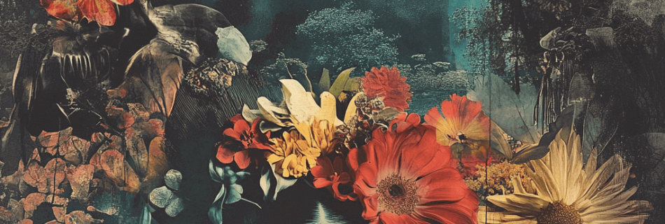 A surreal composition that combines bright flowers with abstract and shadowy elements against a dreamlike forest background