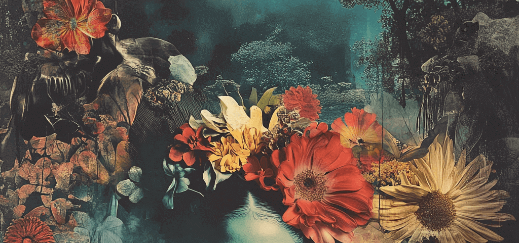 A surreal composition that combines bright flowers with abstract and shadowy elements against a dreamlike forest background