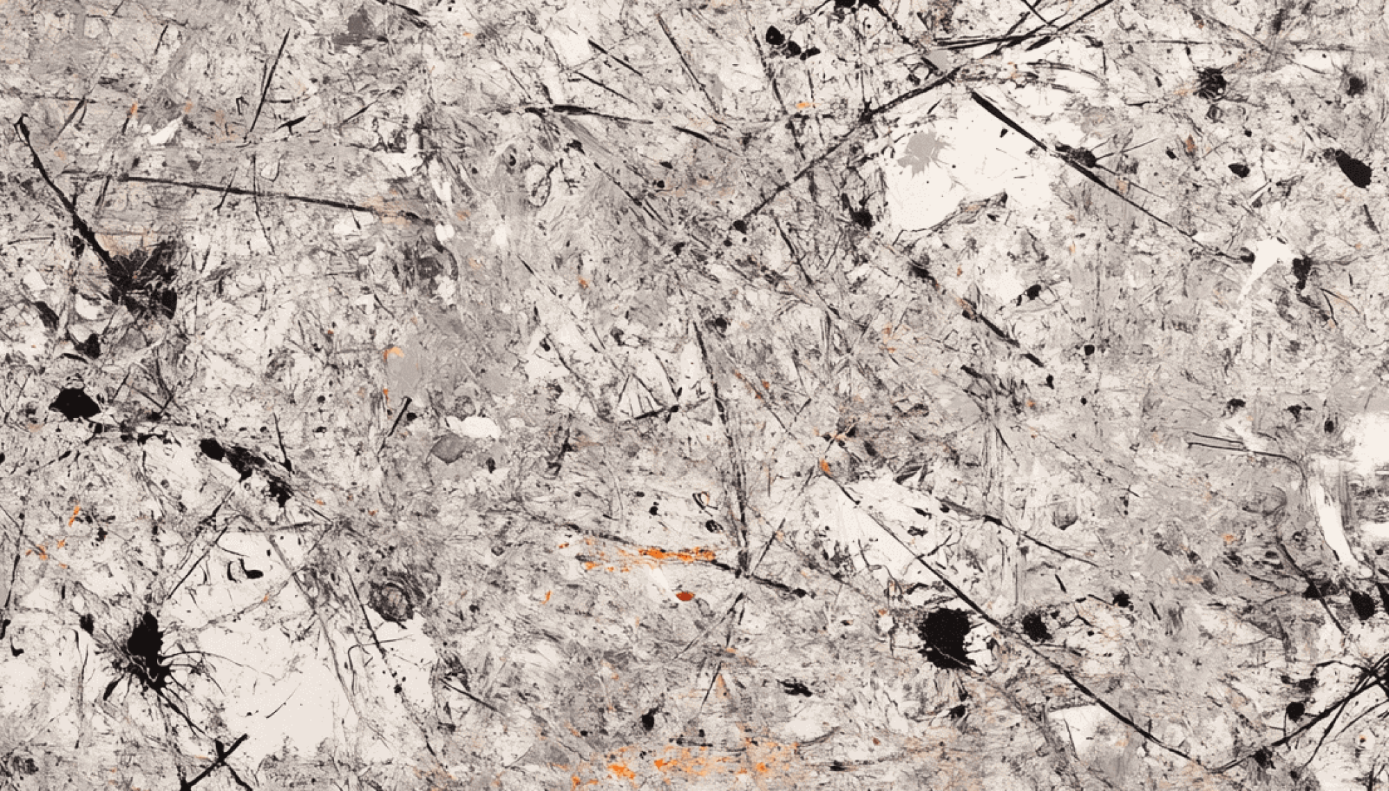 Abstract painting with black splatters and chaotic lines on a textured gray background