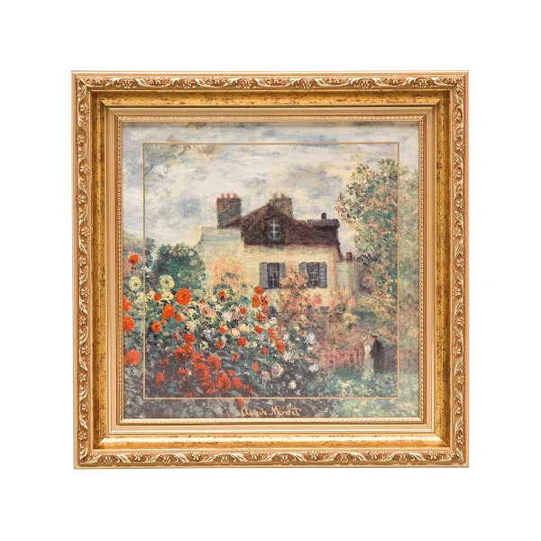 a porcelain wall art with an image of a house and a garden with daisy flowers