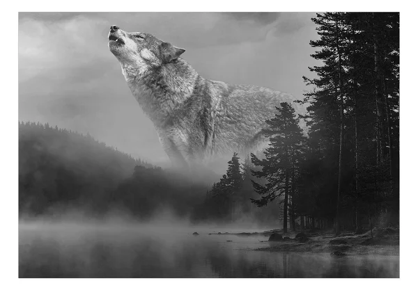 A wallpaper with a giant wolf design in a forest in black and white