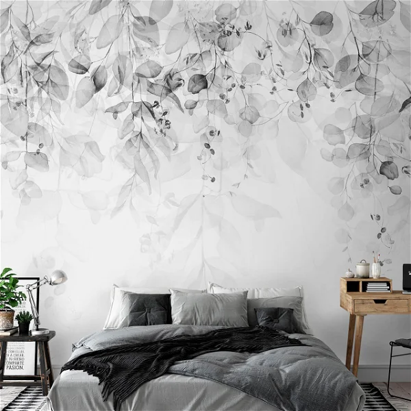 A Self-adhesive wallpaper with a design of Leaves in black and white