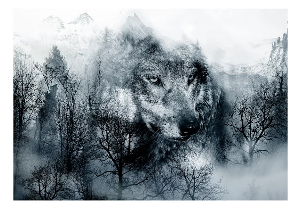 A wallpaper design with a Gian wolf in a forest in black and white