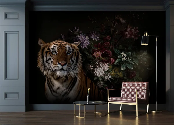 A wallpaper image with a tiger and floral around it