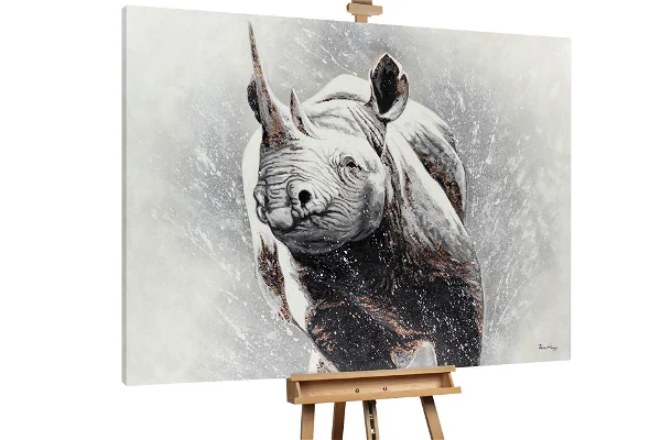 An image of a Rhino in an Oil painting in Black and White