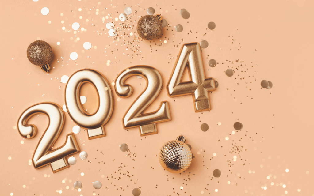 Colour of the year with gold 2024 text and, peach vase and an orange in peach background
