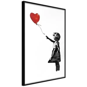 A poster of a girl reaching for a red heart shaped balloon