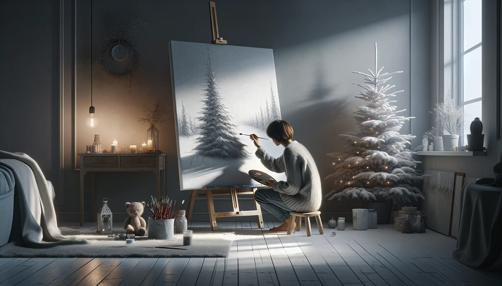 persona che realizza opere d'arte su tela dipinte a mano per il solstizio d'inverno