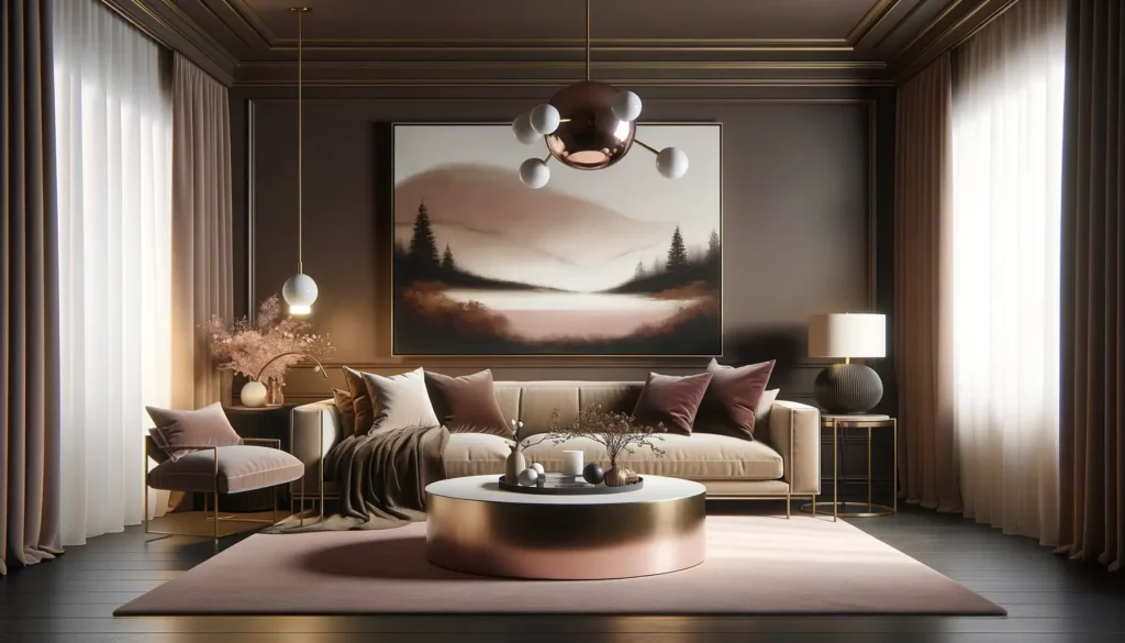 Paesaggio del soggiorno con una romantica palette di colori marrone cioccolato scuro e oro rosa