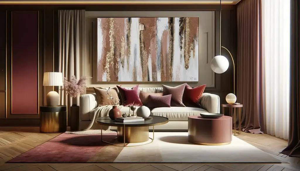 Soggiorno con una romantica palette di colori bordeaux e beige