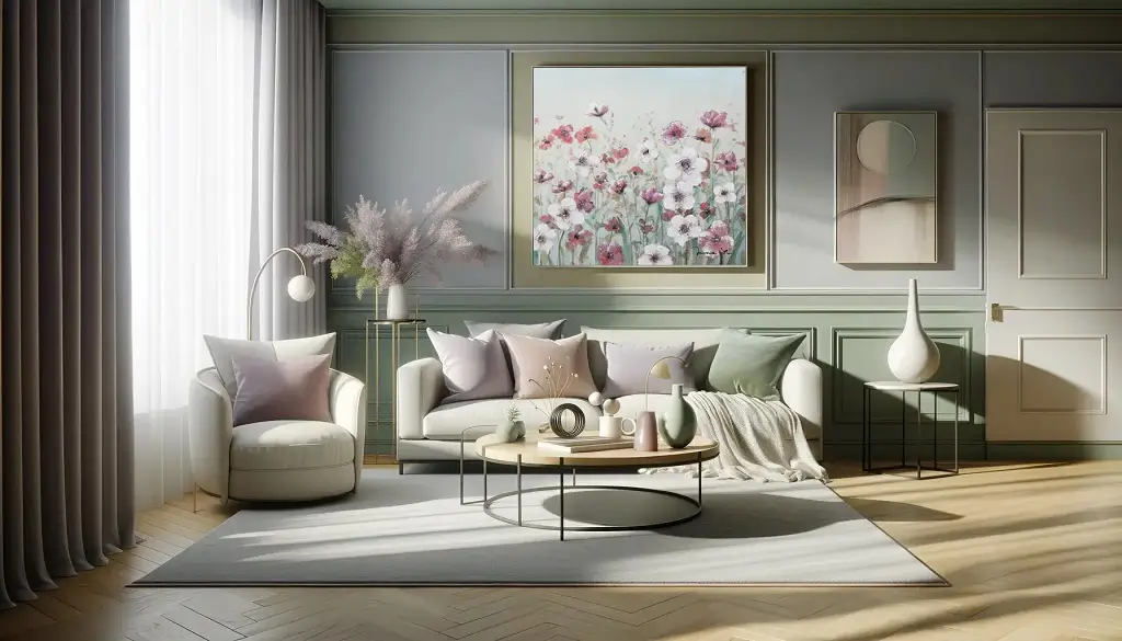 Soggiorno con una romantica palette di colori di lavanda tenue e verde salvia
