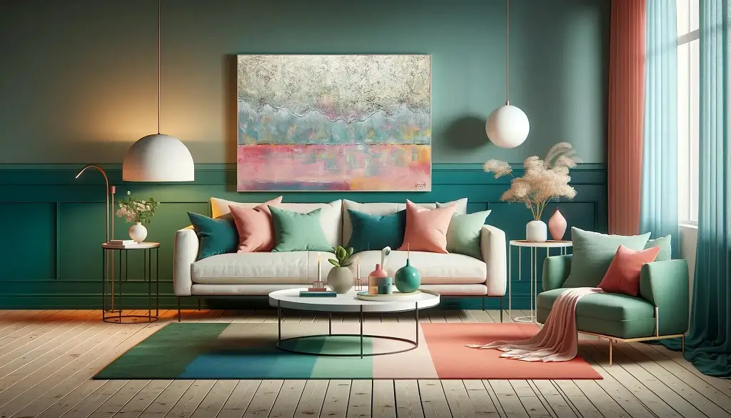 paesaggio del soggiorno con una romantica palette di colori blu profondo e corallo tenue