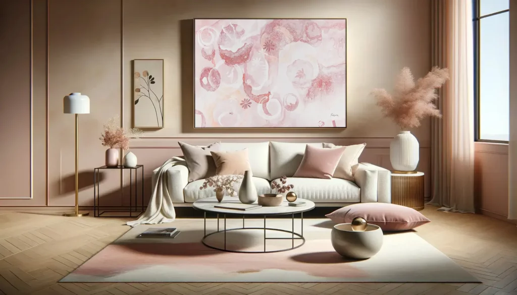 paesaggio del soggiorno con una romantica palette di colori rosa e avorio