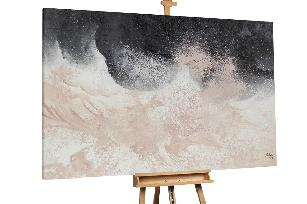 An abstract painting in the colours black, beige and white background