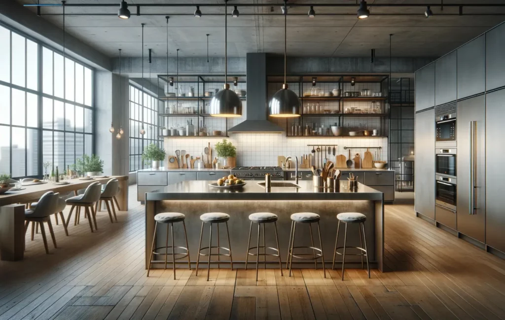 a kitchen area in an industrial design with an island kitchen and hanging lamps