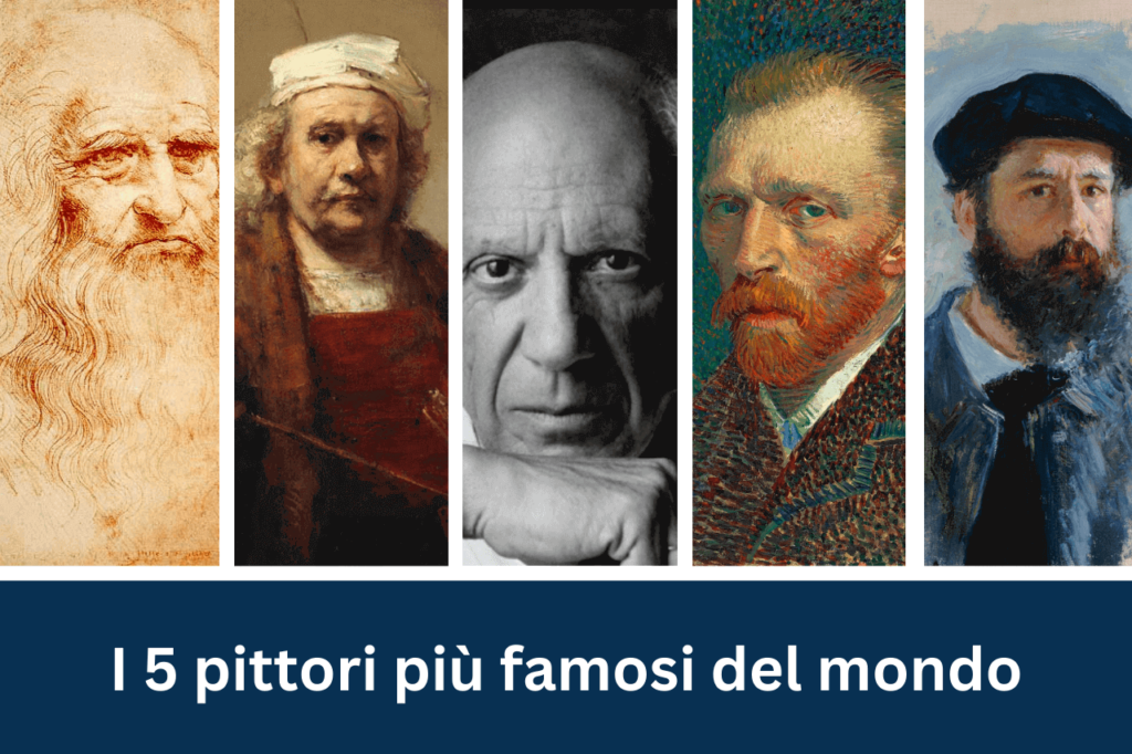 Educational collage featuring Leonardo da Vinci, Rembrandt, Picasso, Van Gogh, and Monet, titled 'Die 5 berühmtesten Maler der Welt' to highlight the masters of art.