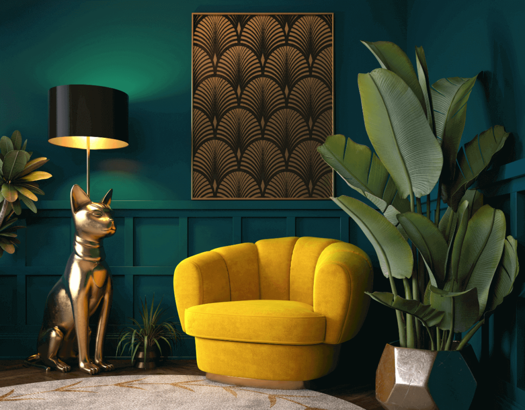 Yellow designer chair with a dog in gold figure