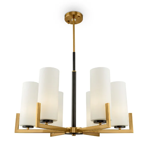 Sleek, modern chandelier featuring cylindrical white shades and golden accents for a stylish, minimalistic lighting solution.