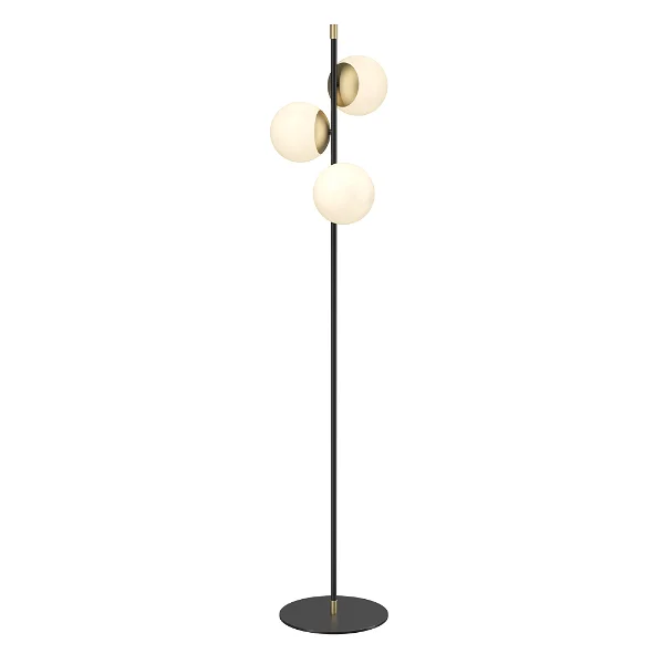 Retro-inspired floor lamp, opal globes with brass details, chic lighting