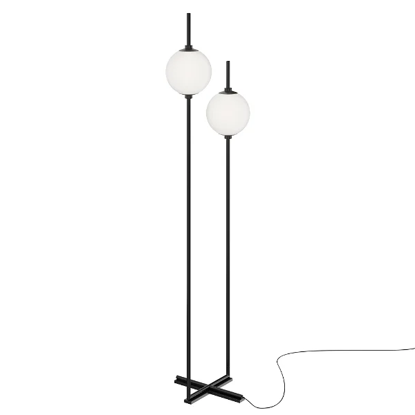 Minimalist dual-globe floor lamp, black frame, for modern home decor.