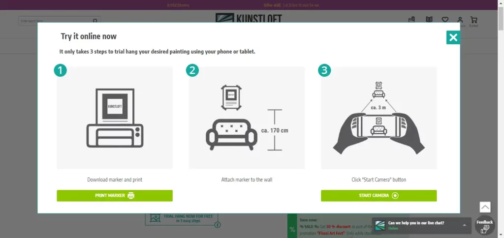 Modello online di KunstLoft per appendere quadri