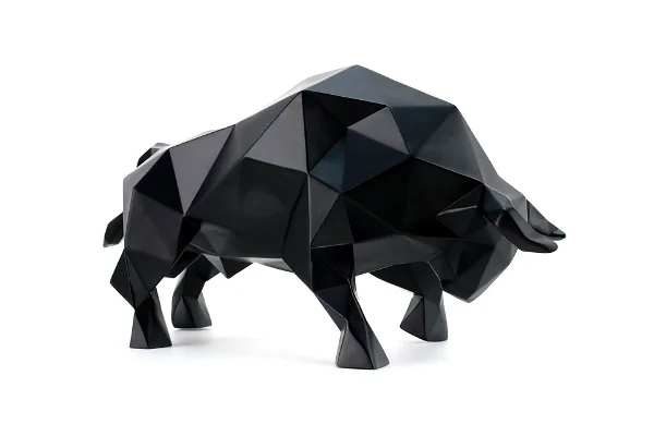 Geometric bull sculpture, black polyresin, abstract modern design.