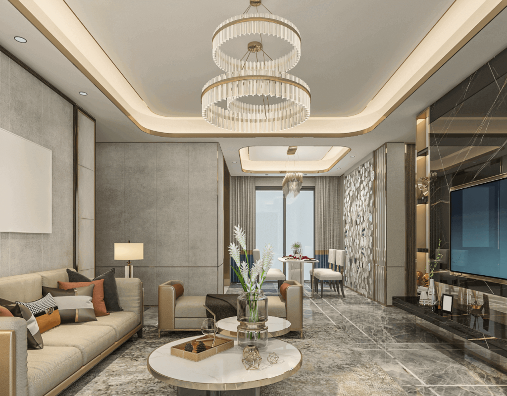 A luxury home design with chandelier, sculptures and a gray color couch