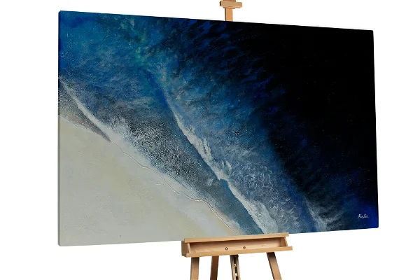 An oil canvas painting with a color of blue, dark blue and white