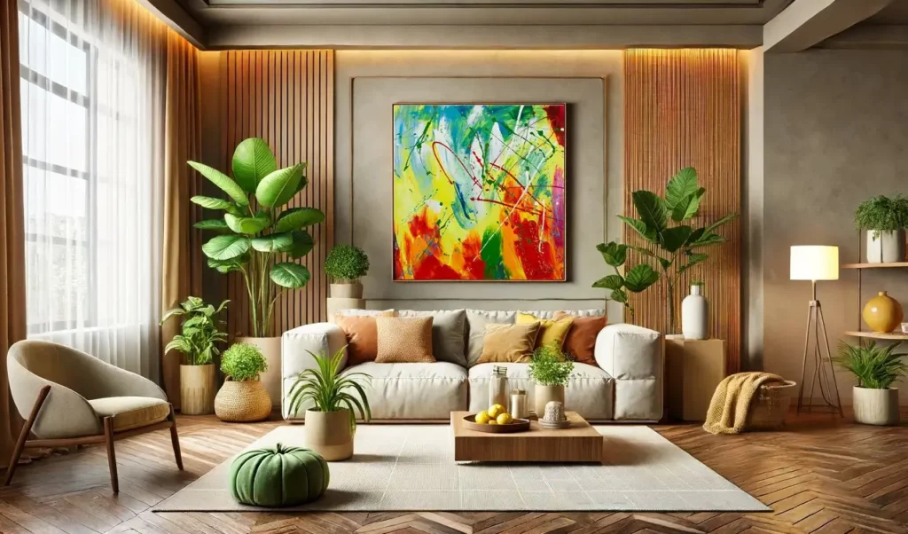 A large living room interior with a warm and cosy colour palette