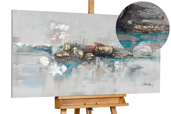 Handpainted wall art with textured details and green, silver goold accents.