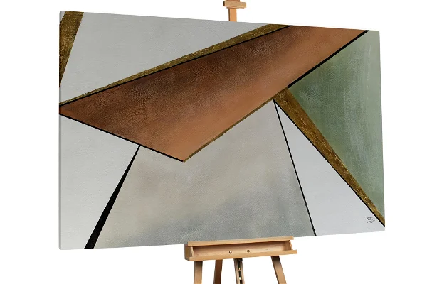 Geometric abstract with large metallic and green triangles.