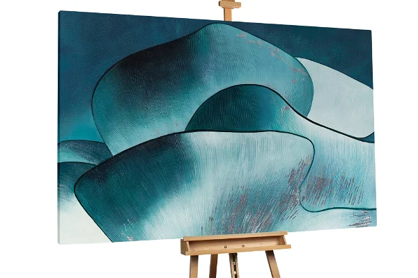 Blue curvaceous hills in a minimalist style on canvas.