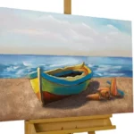 Metal painting with an image of a boat in the seashore