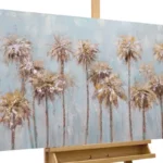 Acrylic painting with an image of coconut trees in color brown and light blue.