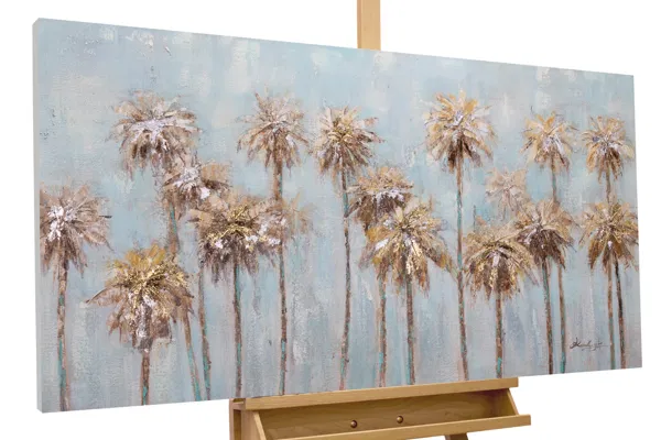 Acrylic painting with an image of coconut trees in color brown and light blue.