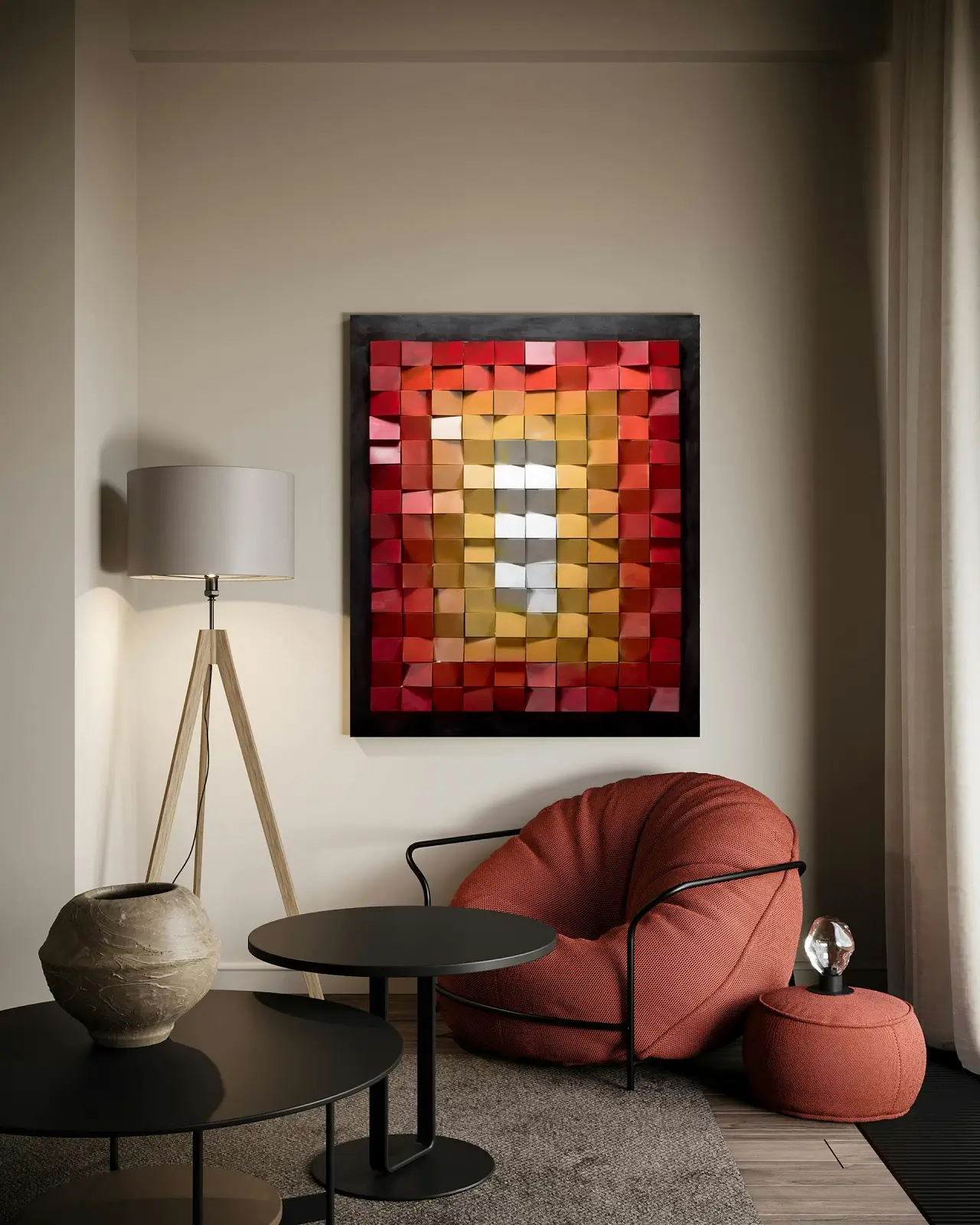 A minimalist room with a metal painting in color red, gold and black frame.