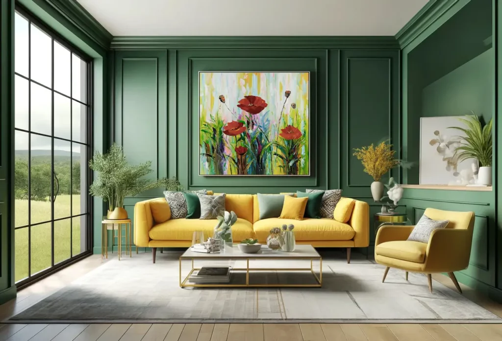 A modern living room with a summer colour palette of greens and yellows.