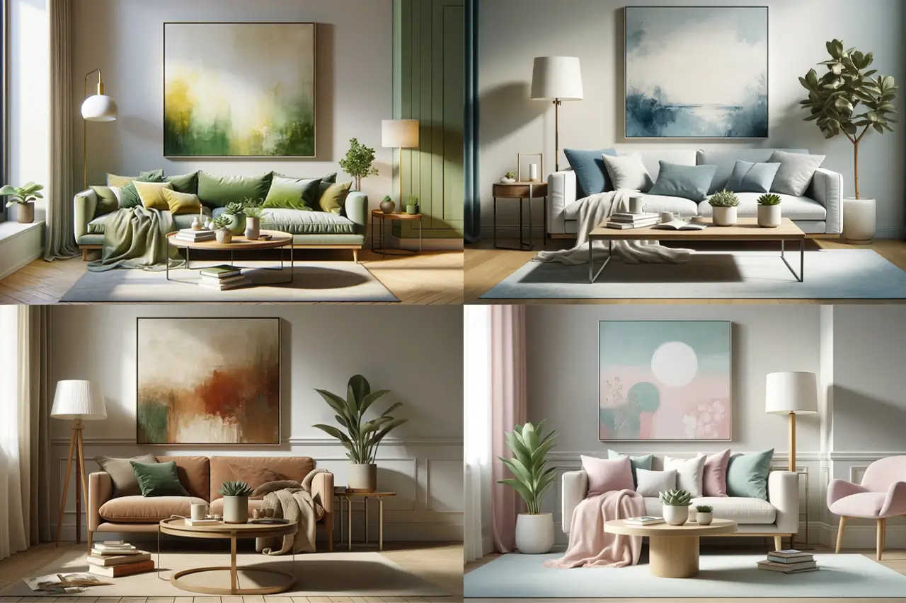 Four living areas, each with a different timeless summer color palette combination.