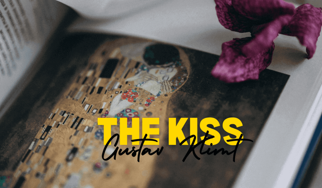 'The Kiss' featured in an open art book, highlighting gold patterns and floral motifs, with a purple flower placed on the page and the text overlay 'GUSTAV KLIMT The Kiss.'"