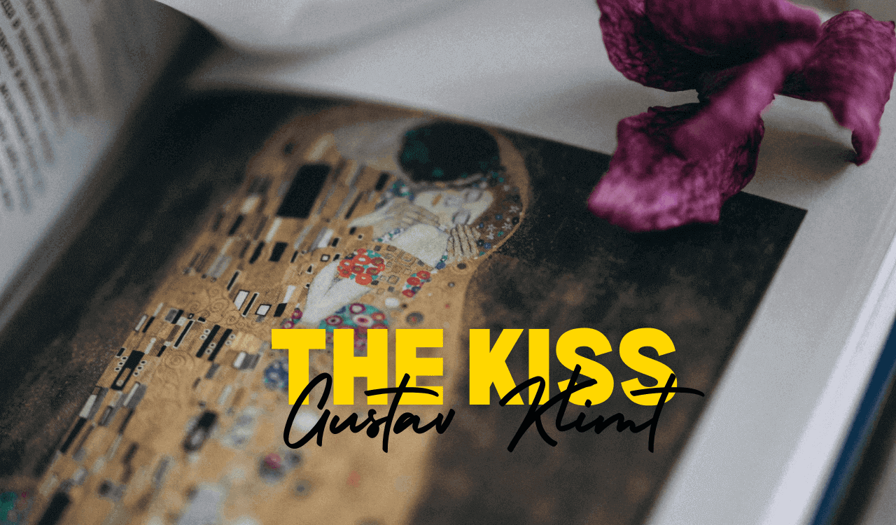 'The Kiss' featured in an open art book, highlighting gold patterns and floral motifs, with a purple flower placed on the page and the text overlay 'GUSTAV KLIMT The Kiss.'"