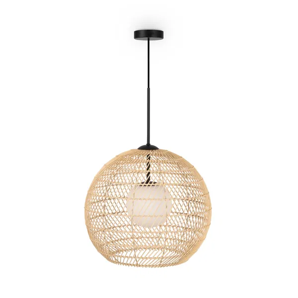 A pendant light made of natural rattan with a black suspension and a white light bulb inside