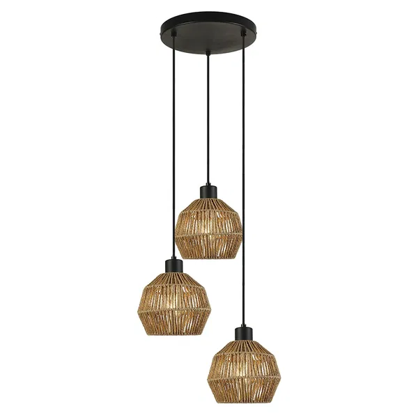 A triple pendant light made of rattan with black cords and a round ceiling bracket
