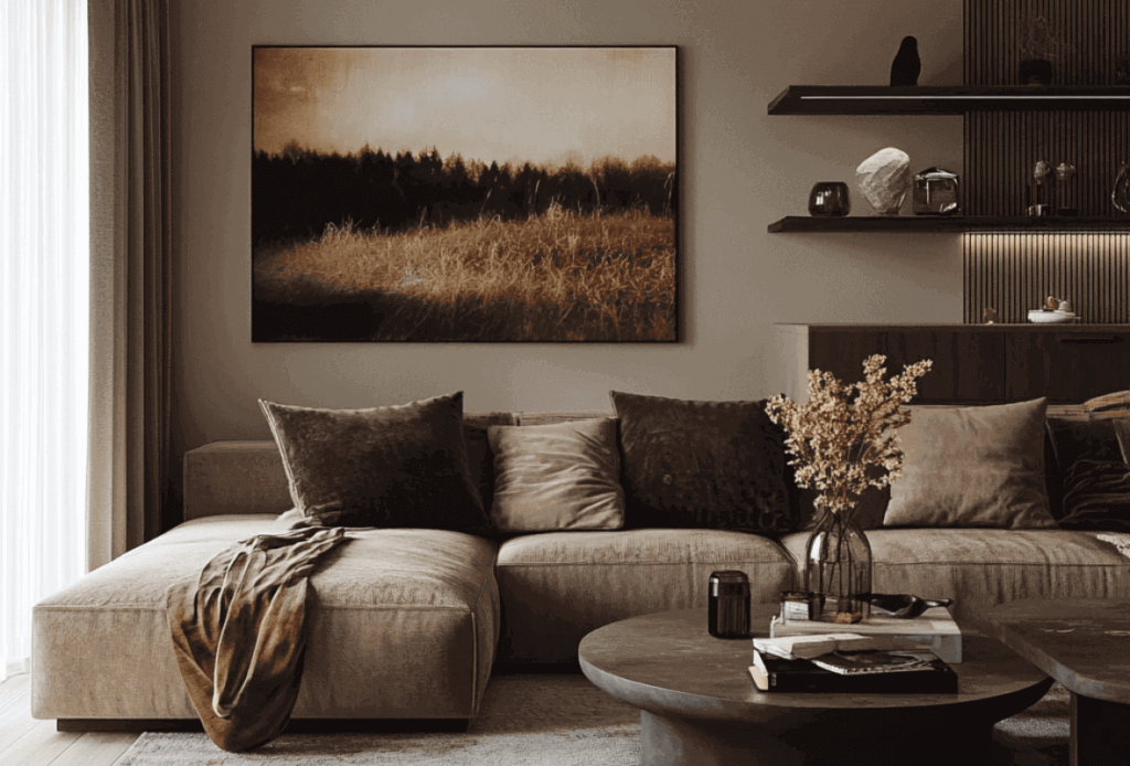 Beige living room with a sectional sofa, earthy cushions, a round coffee table and wall art with nature motifs